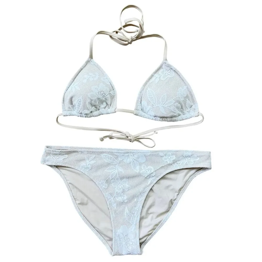 Aerie Floral Ivory Lace Triangle Bikini Set Women’s Size Small